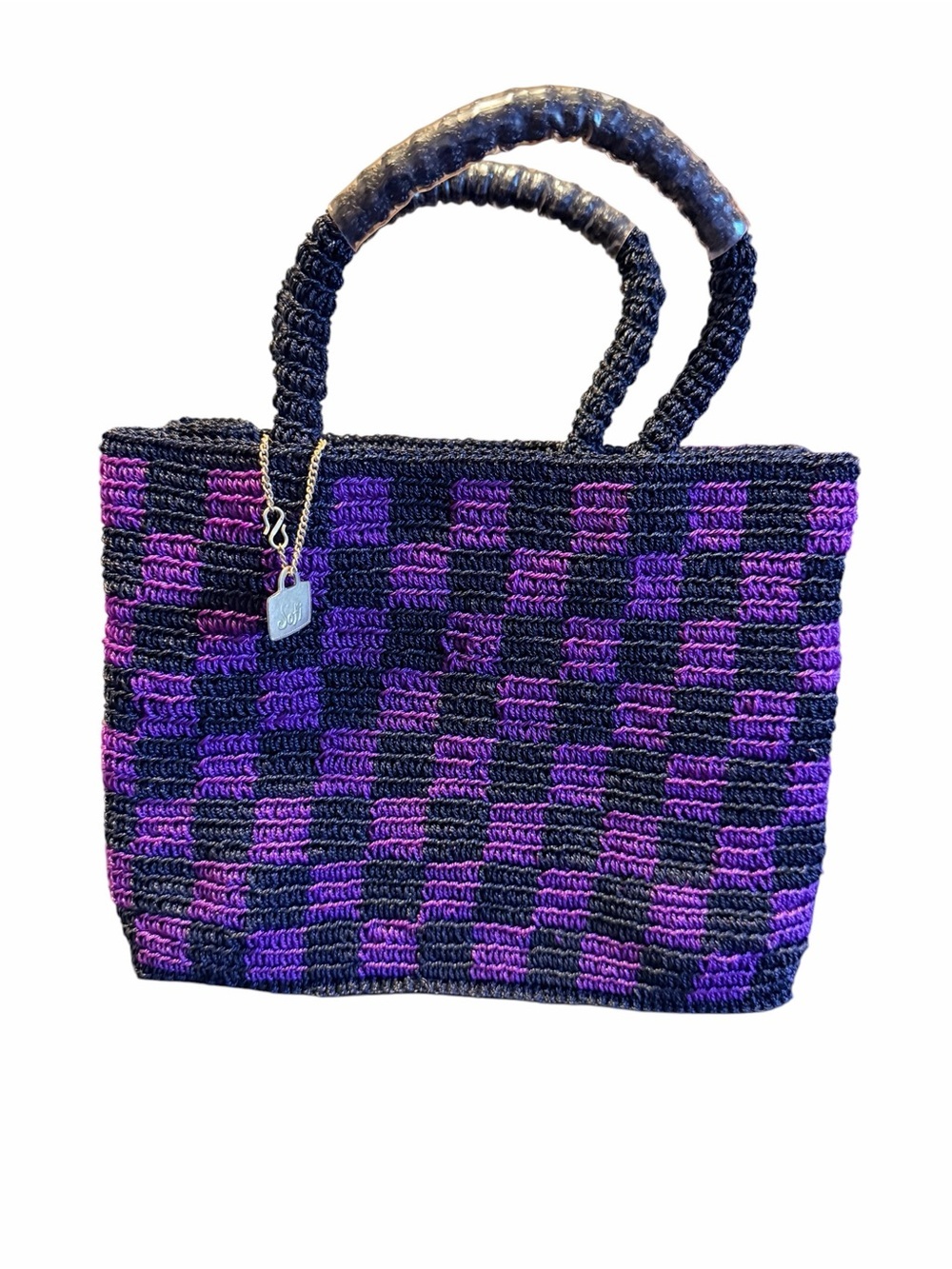 Sofi-Women’s Plastic Purple & Black Woven Tote Bag with Wrapped Handles Size OS